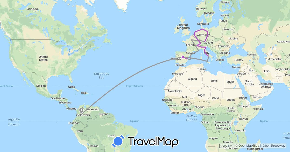 TravelMap itinerary: driving, bus, plane, train in Belgium, Switzerland, Colombia, Germany, Spain, France, Italy, Netherlands, Vatican City (Europe, South America)